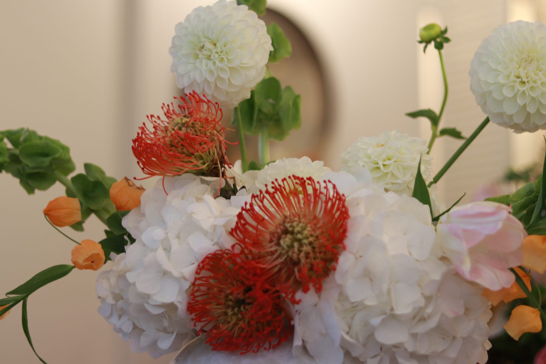 White dahlia and pincushion protea centerpiece, detail