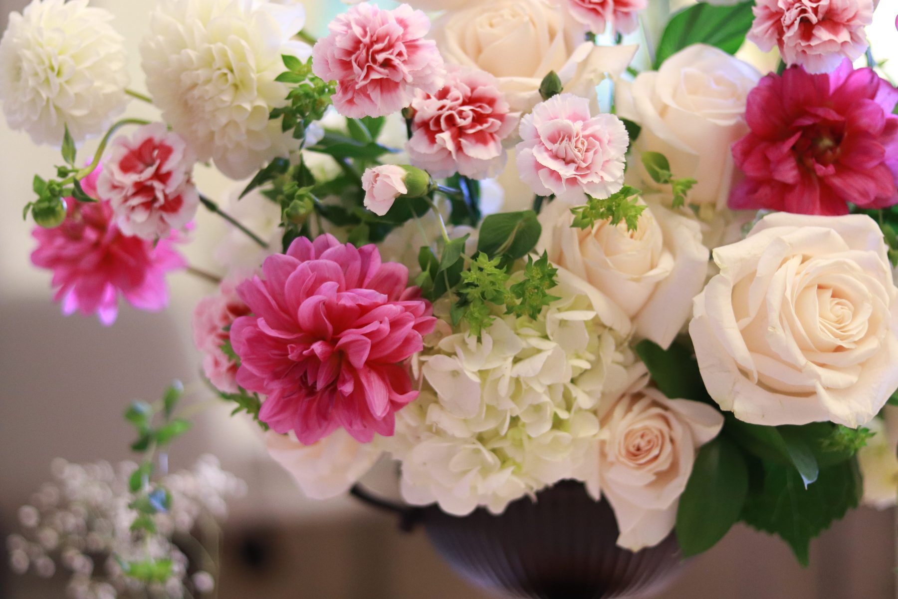 Colorful dahlia and carnation arrangement, detail