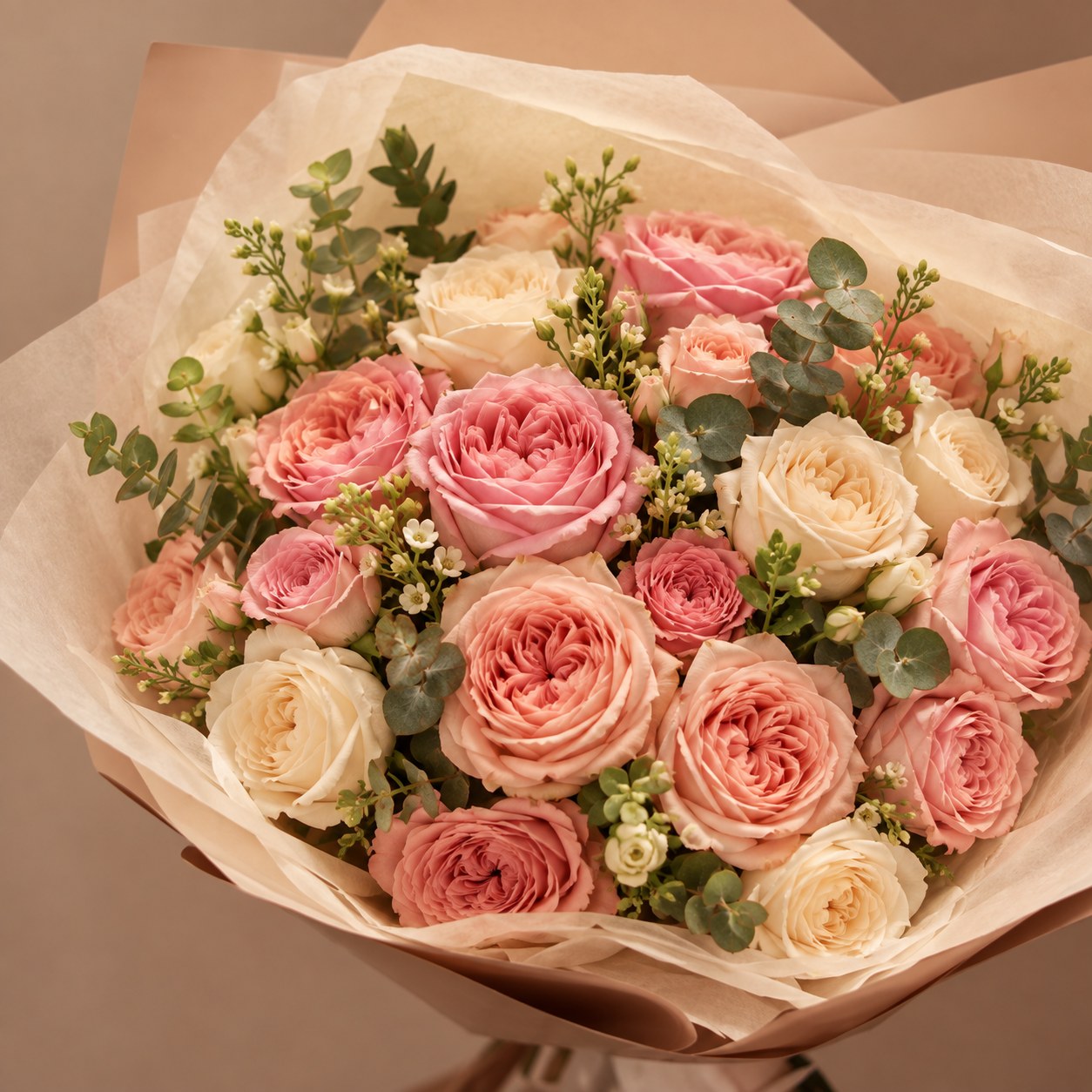 Large wrapped bouquet of pink and cream garden roses with eucalyptus